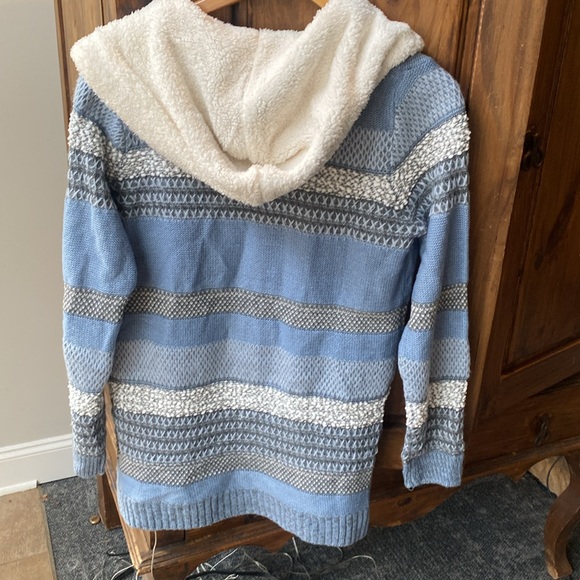 Lety & Me Helsa Stitch Fix Blue Gray Cream Sherpa hooded open front cardigan M - Picture 4 of 7